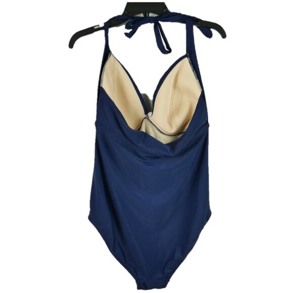Merona One Piece Slimming Swimsuit Womens Size L Twist Bust Navy Blue White - Picture 2 of 7
